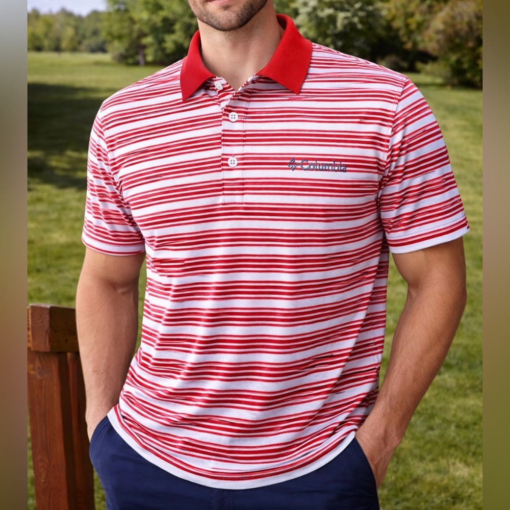 -Columbia Polo Short Sleeve Red and White Striped Golf Shirt Men's Size XL